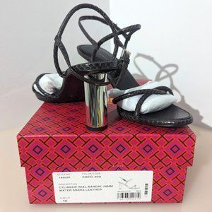 Tory Burch $428 Cylinder Metallic Silver Mirror Heel Sandal Chocolate Brown Coco